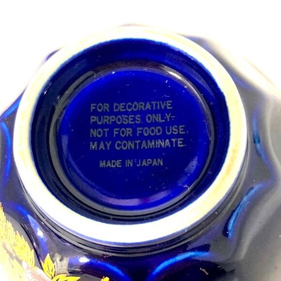 PEACOCKS Lotus Floral Cobalt Blue Gold Trim Decorative JAPANESE Bowl Vintage - Picture 10 of 12